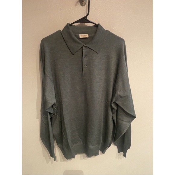 Gran Sasso Polo Sweater Mens XXL Green Solid Silk Wool Cashmere Blend